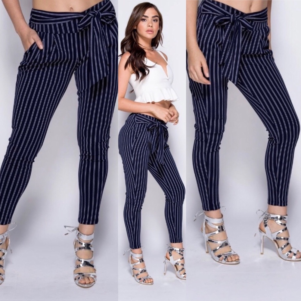 Navy Blue Pin Stripe Cargo Leg Trousers